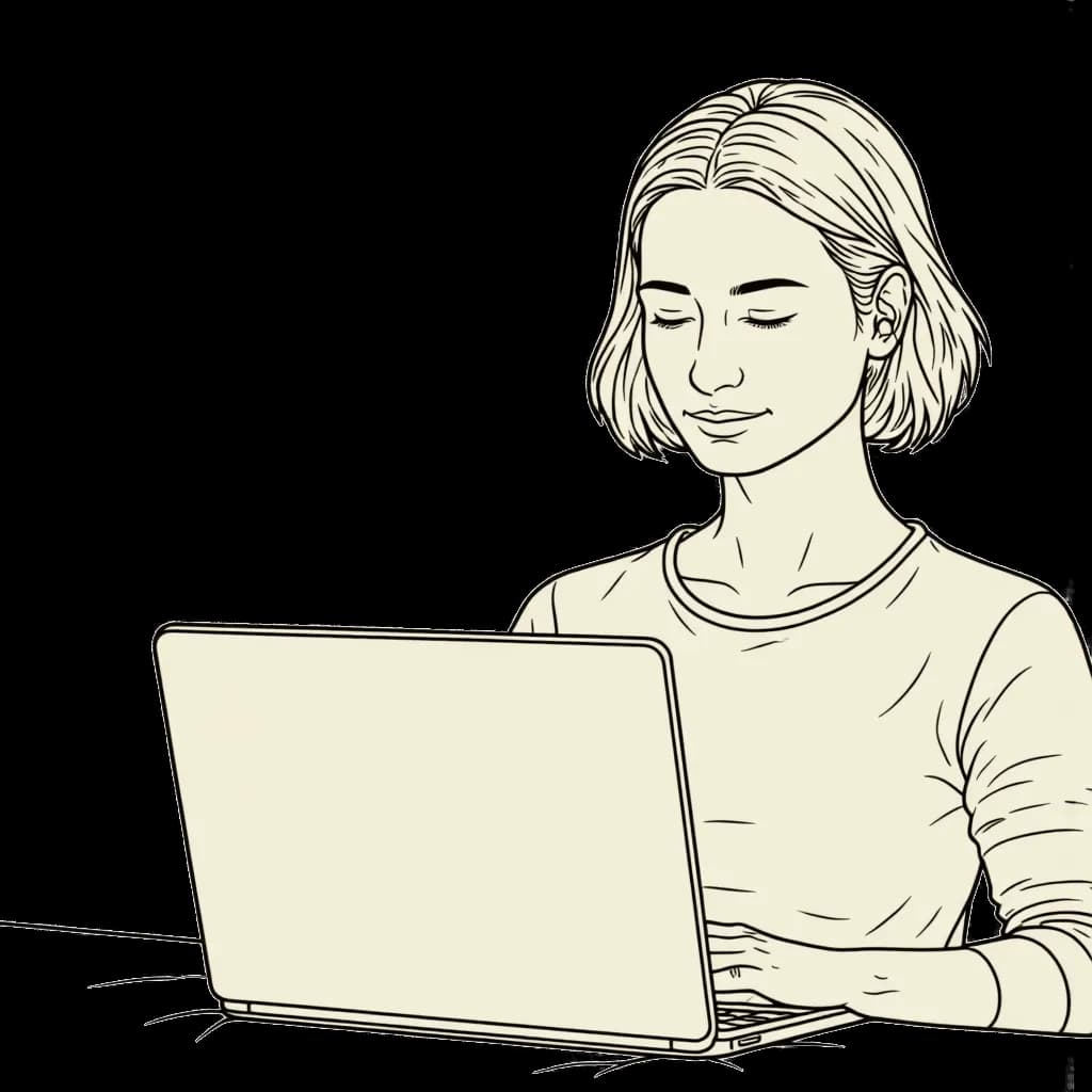 A person at an open laptop, focused on the screen, the side panel quietly transcribing the call